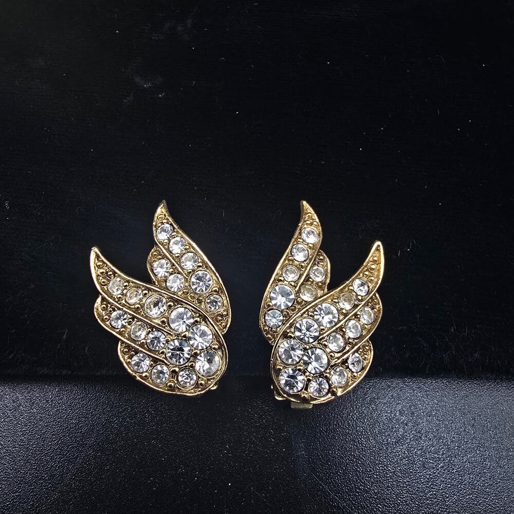 1928 Brand Rhinestone Wing Earrings Clip On Gold Tone